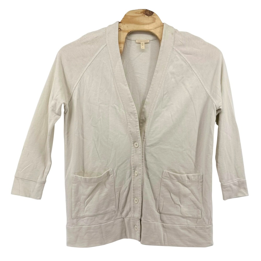 Eileen Fisher Garmet-Dyed Terry Button Front Long Cardigan Bone White Small